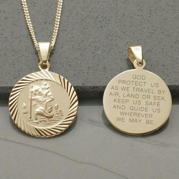Christopher James of London 9ct Yellow Gold Plated 20mm Diamond Cut St Christopher Pendant With Travellers Prayer and Optional Chain