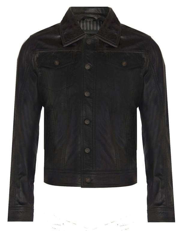 Infinity Leather Mens Trucker Slim Fit Leather Shirt Jeans Jacket