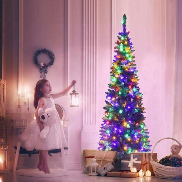 4ft to 8ft Green Pencil Pre-Lit Artificial Christmas Trees with Metal Stand image 3
