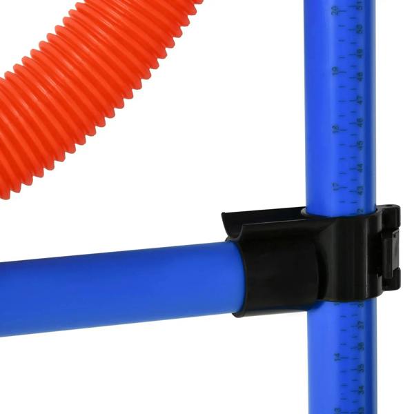 Close-up black connector clamp joining blue poles and red ribbed height segment