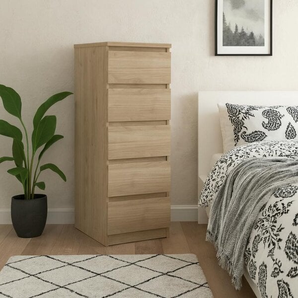 Wyld Haus Budapest Natural Oak Effect Wood Narrow Chest 5 Drawers