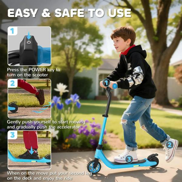 Blue kids electric scooter with black grips, anti-slip deck, and rear wheel brake