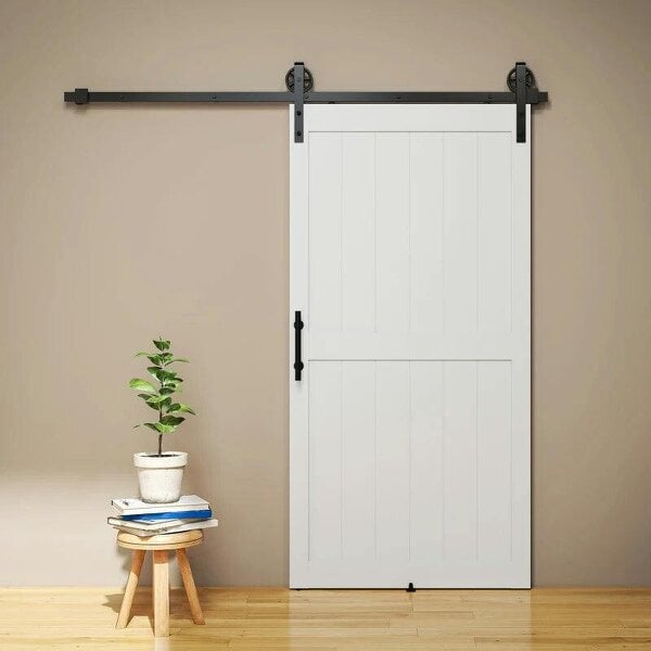 213.4cm Sliding Barn Door Kit, Sliding Door with Track, Hardware, Upgraded Rollers and Floor Guide, Handle, White