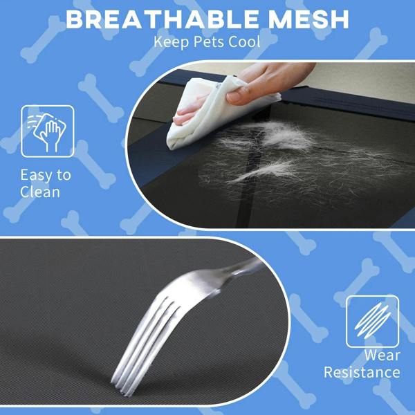 Dark blue cooling raised pet bed with breathable mesh, shown with cleaning cloth