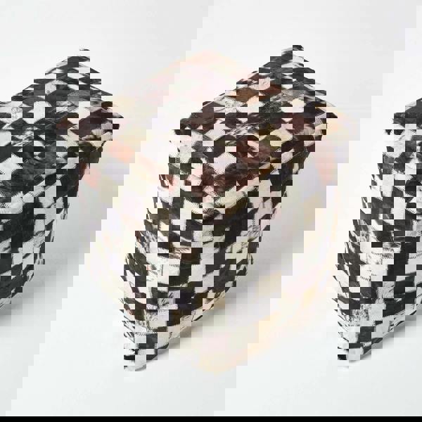 HOMESCAPES Genuine Leather Brown Check Design Bean Filled Pouffe