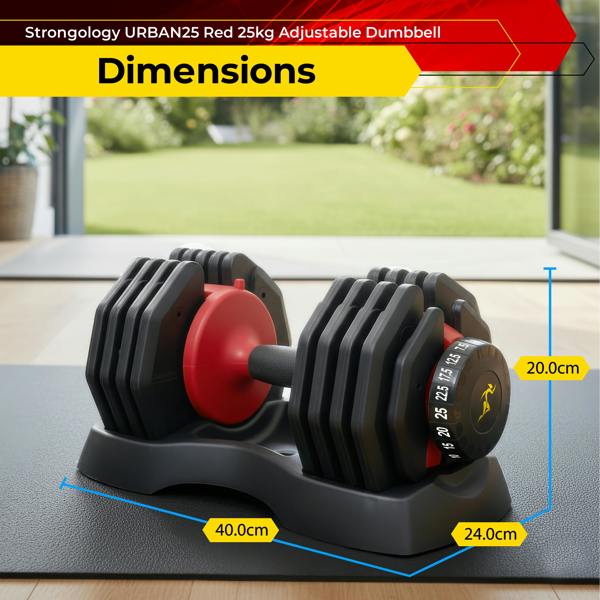 Homeology Urban25 Single Home Fitness Black Red Adjustable Smart Dumbbells from 2.5kg up to 25kg Training Weights