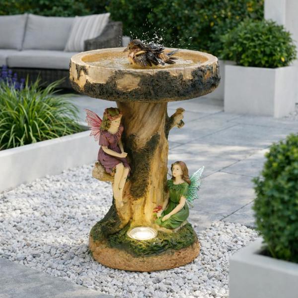 Gardenwize Solar Bird Bath – Fairy Garden Ornament with LED Light & Battery Backup