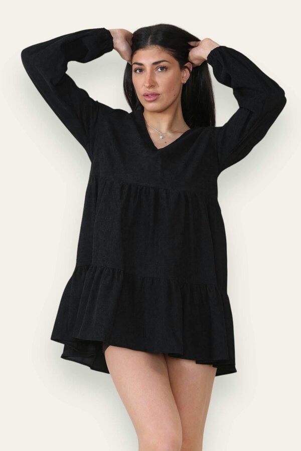Elaina Fashion Women's Black Corduroy V-Neck Smock Mini Dress