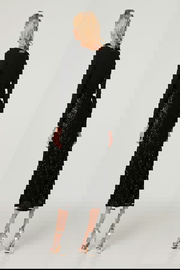 Black | Sequin High Waist Semi Sheer Midi Skirt
