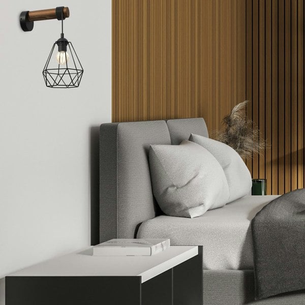 Milagro Acero Wall Lamp 1XE27 This Hand Made Industrial Style Lamp Is Hand Made from Sleek Black Steel And Natural Dark Wood