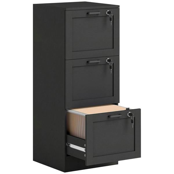 Black 3-drawer filing cabinet with lock, three keyed handles; bottom drawer open with files