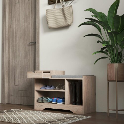 Wyld Haus Lapa Wooden Multi Compartment Shoe Bench 1 Drawer Grey Cushioned Seat