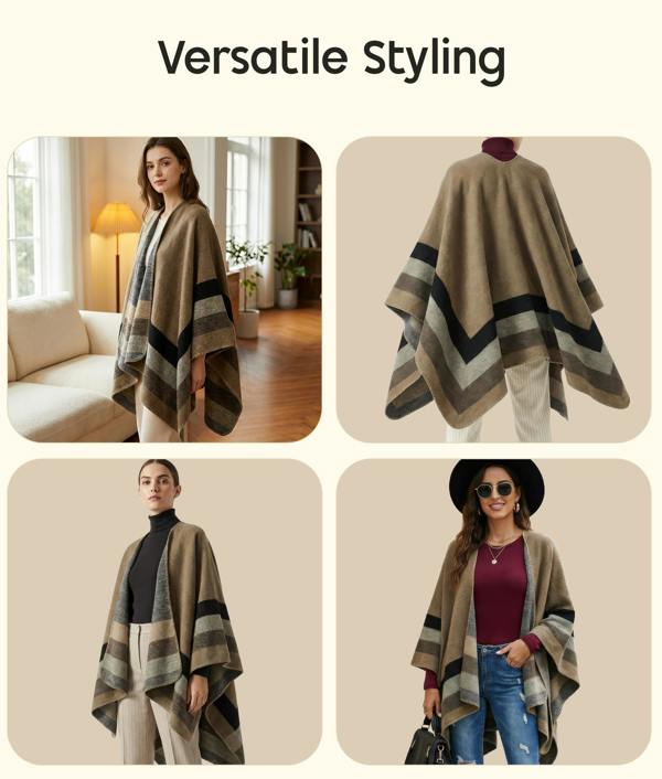 VIA MONTEN Women’s Vintage Plaid Poncho Shawl, Colour Block Knit Cape Wrap for Fall and Winter Layering