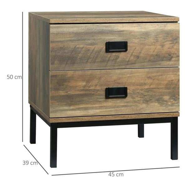 Brown retro bedside table with two drawers, black handles, and 45 cm wide frame