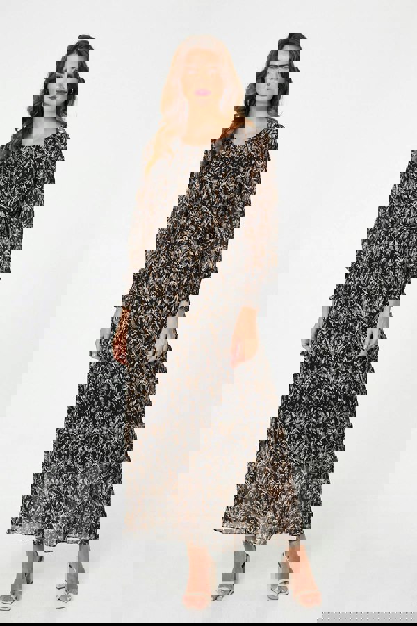 Black | Printed Long Sleeve Layered Maxi Dress
