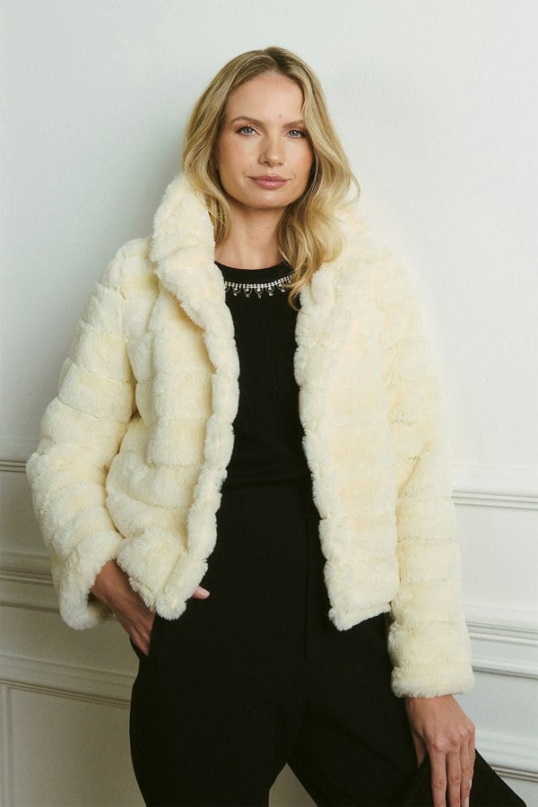 Cream | Faux Fur Cropped Jacket : Model is 5'10"/178 cm and wears UK10/EU38/US6/AUS10