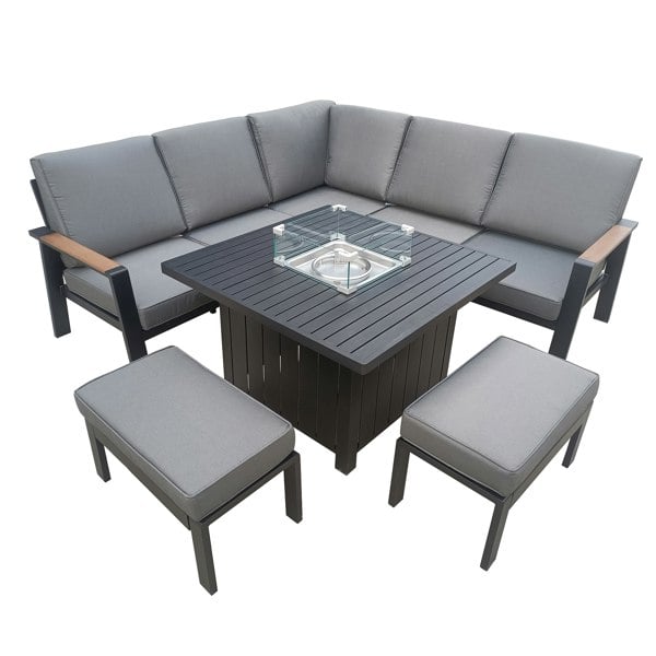 Furniture One Garden Furniture 7 Seater Set, Aluminium Patio Corner Sofa with Firepit Table, Stools & Soft Cushions