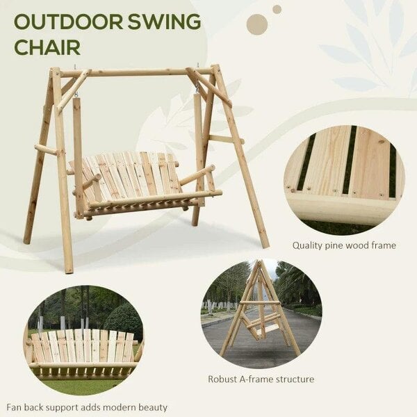 2 Seater Wooden Garden Swing Chair, Larch Wood Porch Swing Seat Bench Lounger for Outdoor Patio Garden, 300kg Capacity