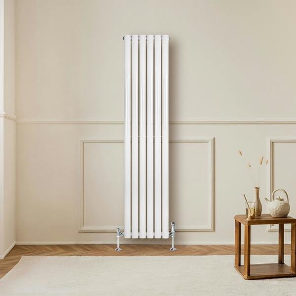Oval single column radiator in white, measuring 1600mm x 360mm, featuring a sleek design and modern valves, set against a neutral wall