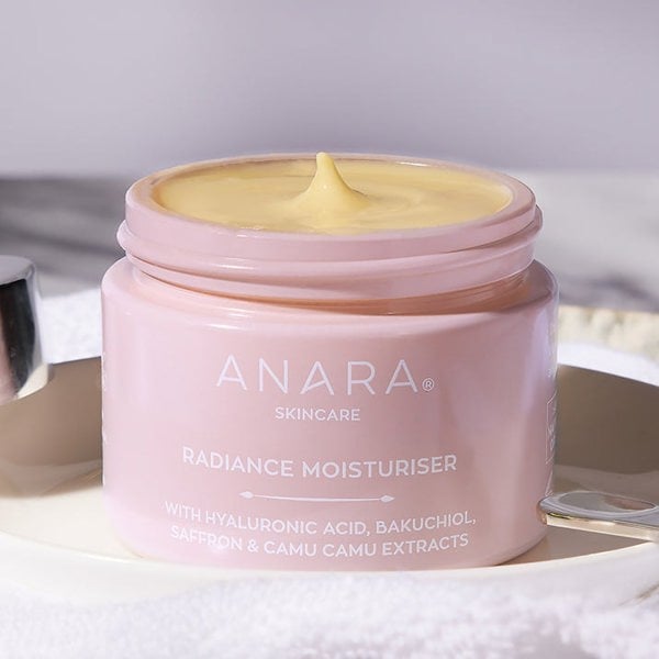 Anara Radiance Moisturiser jar with lid removed to reveal texture