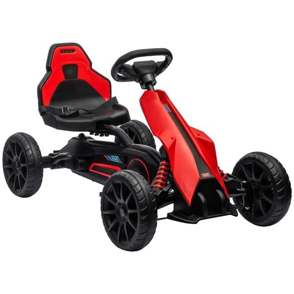 Red kids pedal go-kart with black seat, steering wheel, and four EVA-style wheels