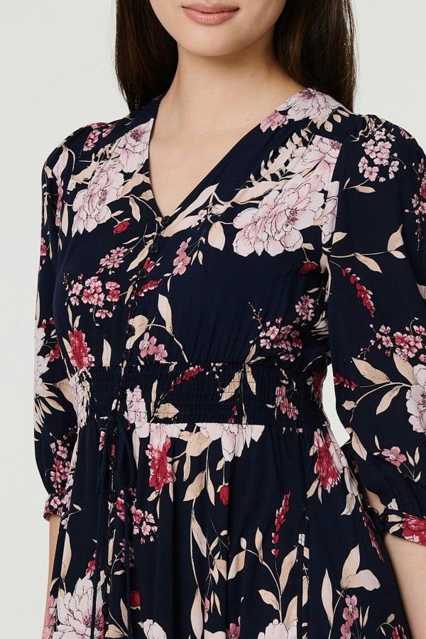 Navy | Floral 3/4 Sleeve A-Line Maxi Dress