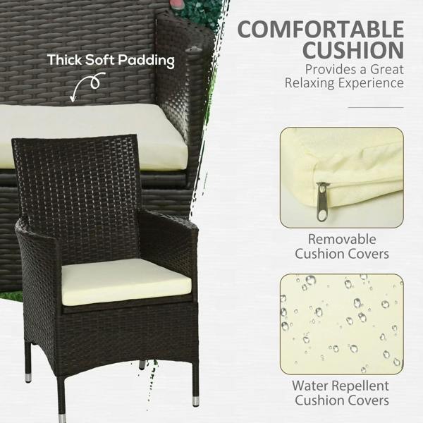Outdoor armchair with thick padded cream cushion and removable cushion cover, dark rattan weave