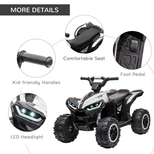 White electric quad bike showing comfortable seat, kid-friendly handles, and LED headlights
