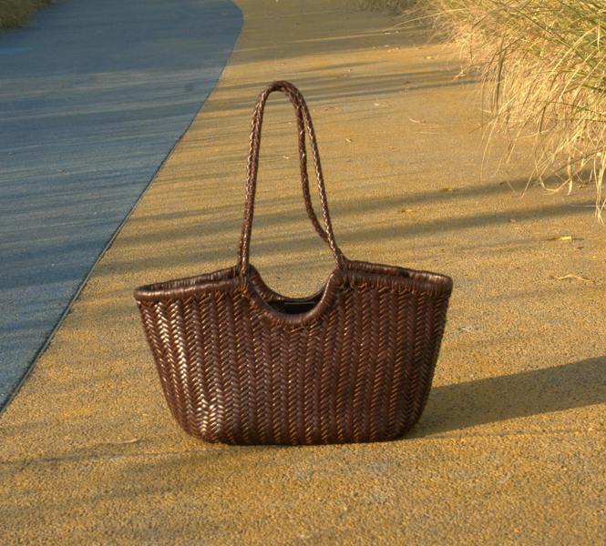 RIMINI Genuine Leather Hand Woven Shopping Bag - Dark Brown