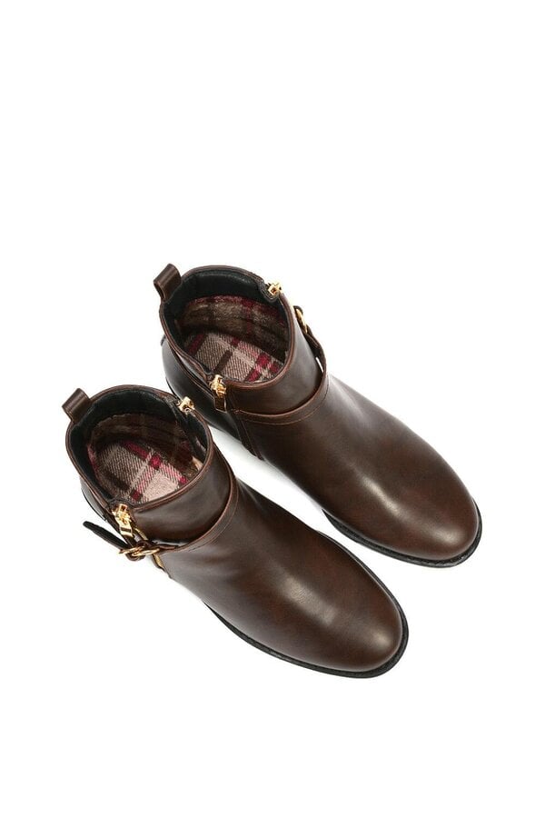 XY LONDON Flat Low Heel Ankle Booties With Decorative Buckle and Zip