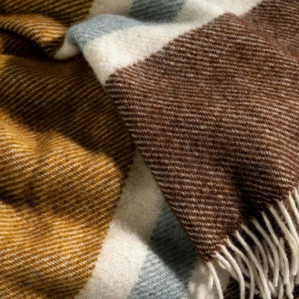 Walnut/Ochre Brushed Wool Multi Stripe Throw - breathable, bedroom detail | Soak and Sleep