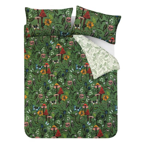 Smart Living Luxury Soft Reversible Forest Mushrooms Duvet Cover & Pillowcases - Green