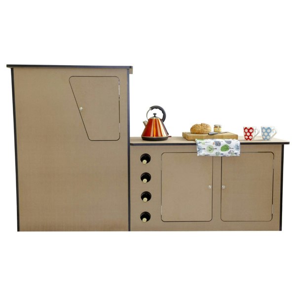 MDF camper van kitchen unit in light brown with two cabinets, four circular knobs, and a countertop displaying a kettle, mugs, and bread