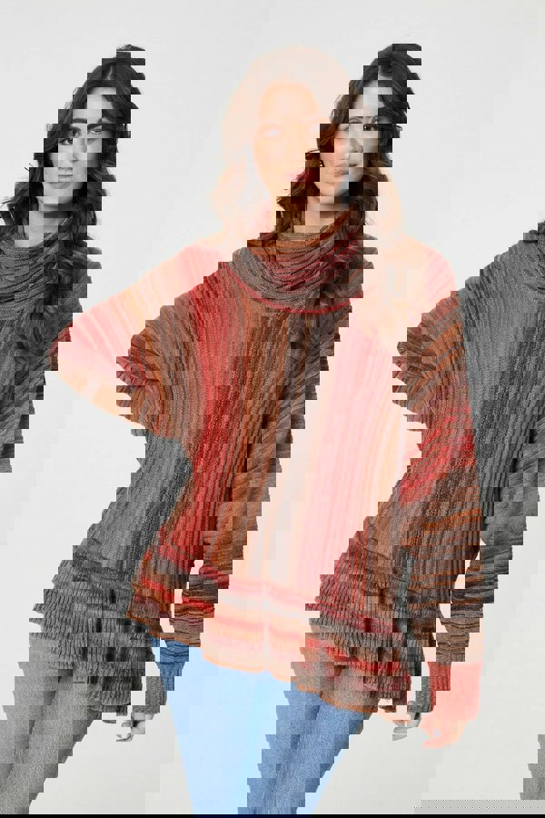 Orange | Striped Oversized Frill Roll Neck Jumper
