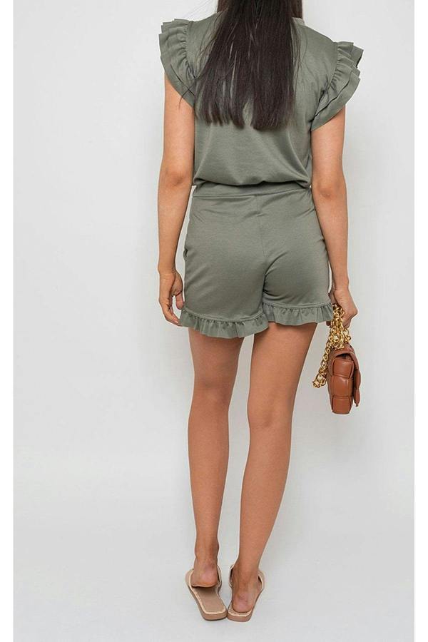 Avie Plain Frill Peplum Sleeve Top Shorts Co-ord Set - Khaki