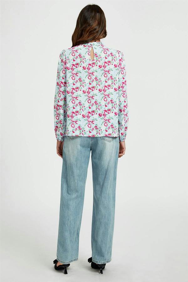 FS Collection Floral Print Frill Detail High Neck Top In Blue & Pink