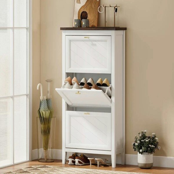Shoe Cabinet with 3 Flip Drawers, Farmhouse Narrow Shoe Storage Cabinet with Adjustable Shelves, White - White
