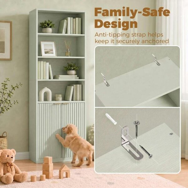 Bookcase Adjustable Shelf Bookshelf Anti-Tip Hardware 6-Tier, Light Green