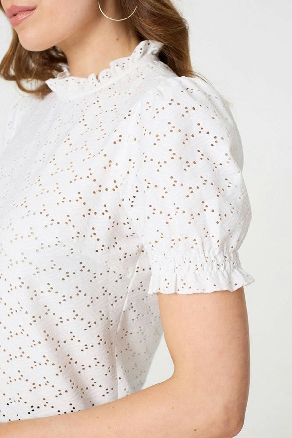 White | Lace Texture Frilled Short Sleeve Blouse
