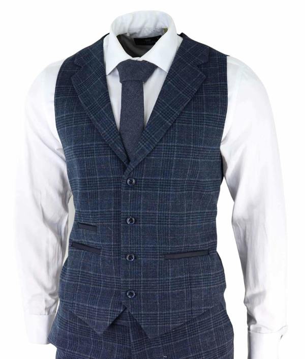 TruClothing Mens Blue Check 3 Piece Tweed Suit Peaky Blinders 1920s Gatsby Tailored Fit
