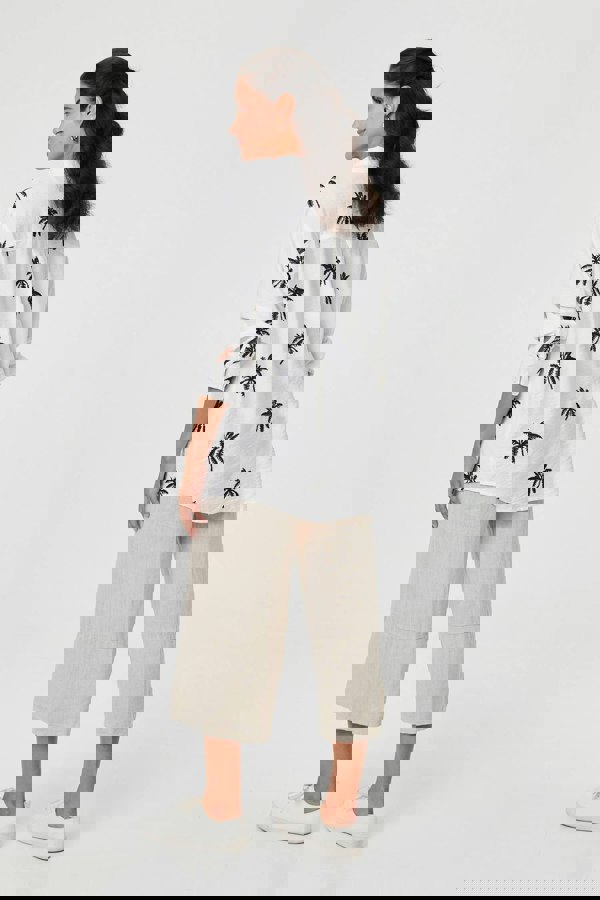 White | Tropical Print Relaxed Long Sleeve Shirt
