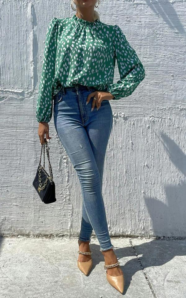 FS Collection Animal Print Frill Detail High Neck Top In Green