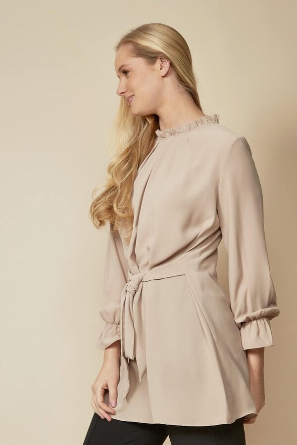 Hoxton Gal Oversized Tie Ruffle Neck Top with Tie Waist Detailed Top in Beige