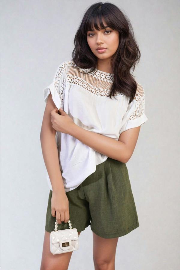 Sylvia Lace Insert Round Neck Hollow Top - White