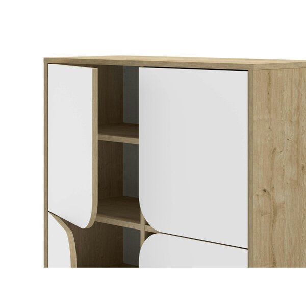 Decortie Modern Spark Cabinet 4-Doors Storage Engineered Wood Display Unit with Black Metal Legs 90(W)cm Oak