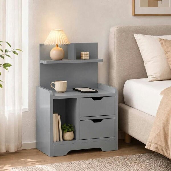 Bedside Table, Small Bedside Cabinet with 2 Drawers and Storage Shelves, Modern Nightstand for Bedroom, Grey