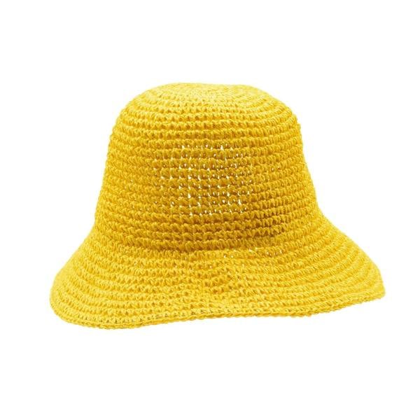 Yellow straw floppy sun hat with textured knit crown and wide brim