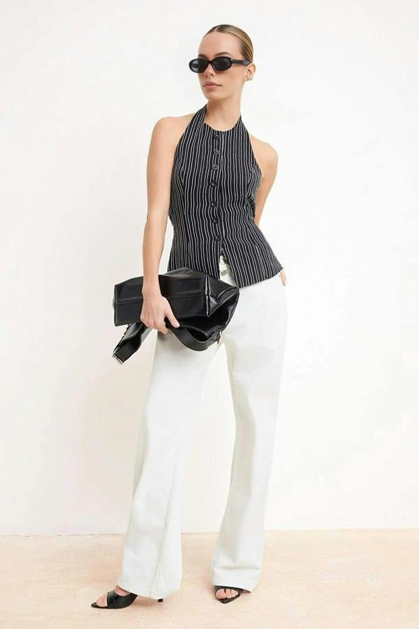WOVCOR Striped Halter Neck Woven Vest