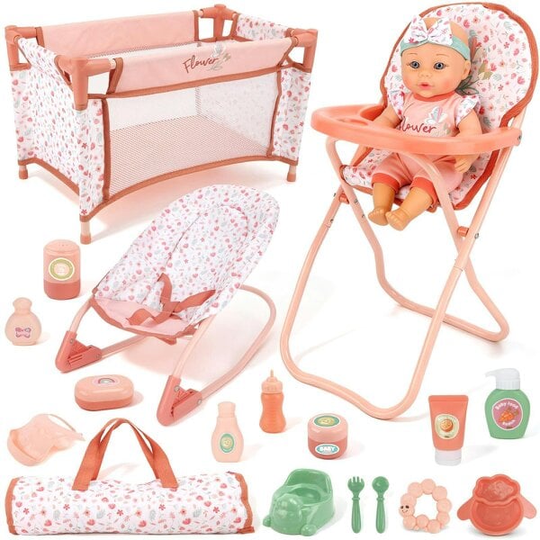 deAO Baby Doll Nursery Playset with 12" Doll, Crib, High Chair & Accessories for Kids 3+