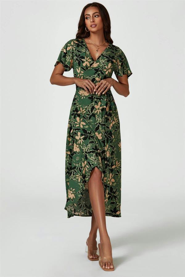 FS Collection Abstract Floral Wrap Maxi Dress In Olive